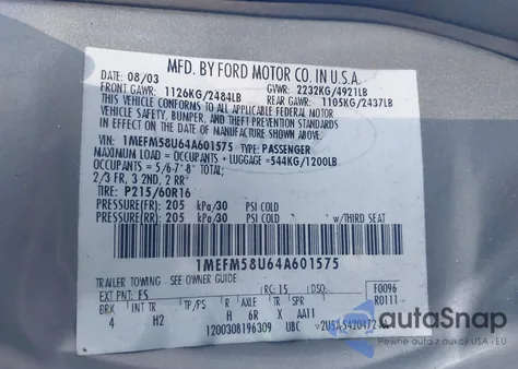 2004 Mercury Sable Gs from USA, damaged, VIN 1MEFM58U64A601575